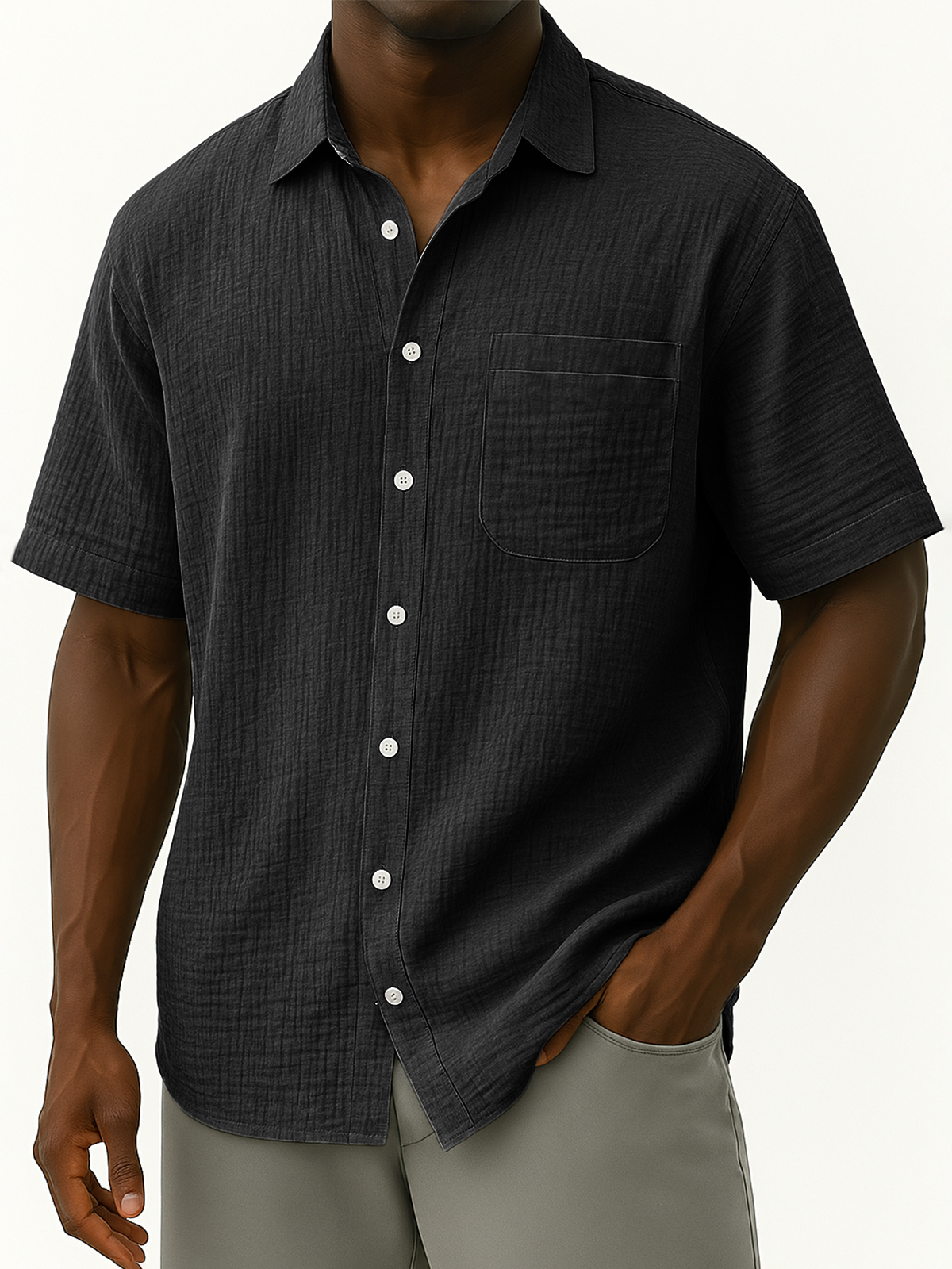 Men's Comfortable Crepe Loose Casual Vacation Short Sleeve Shirt with Chest Pocket