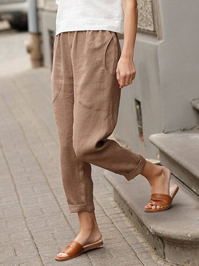 Women's Cotton Linen Solid Color Loose Pocket Harem Pants-Comfort & Reliable