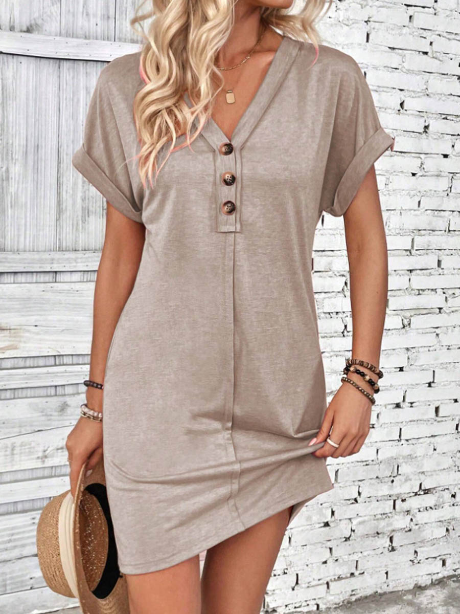 Women's V-neck Short-sleeve Casual Loose Cotton Dress