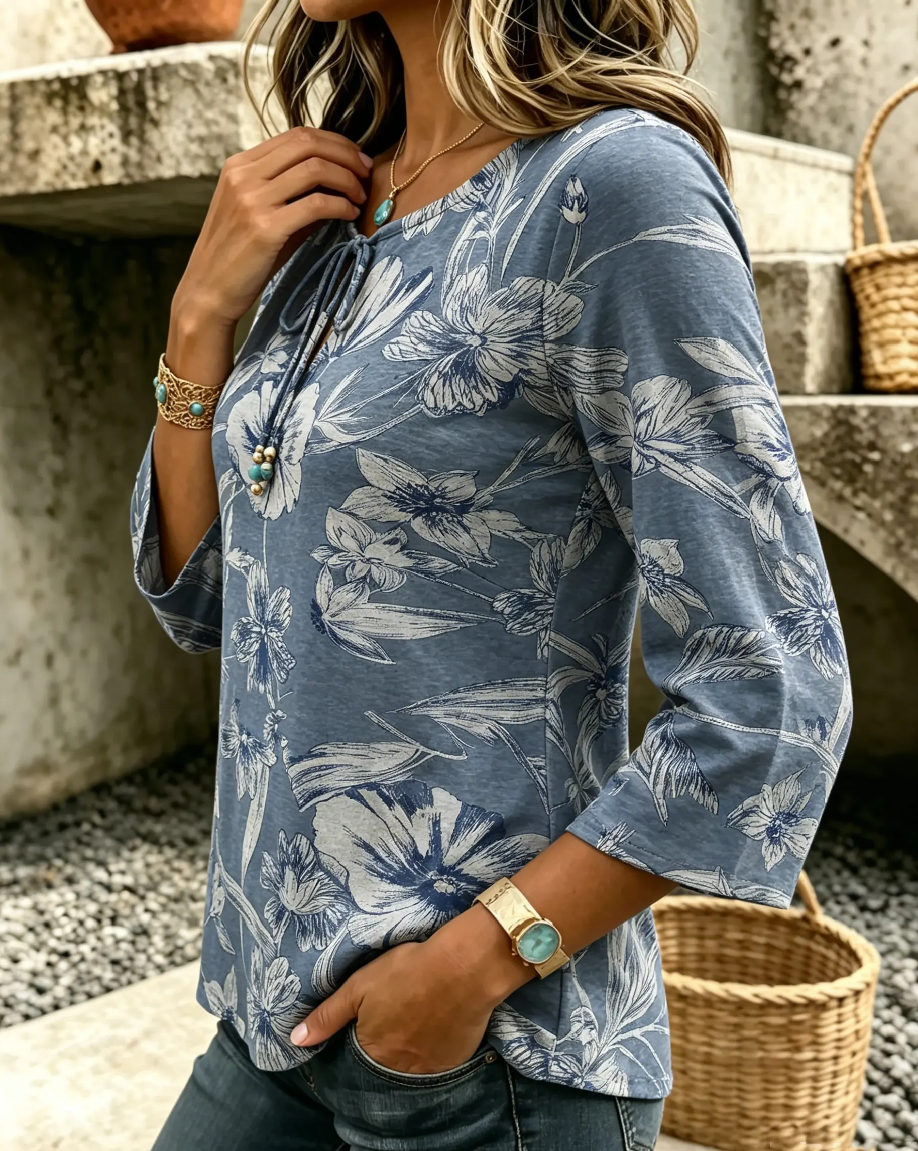 Women's Vintage Floral Print Casual Bow-knot Tie Shirt