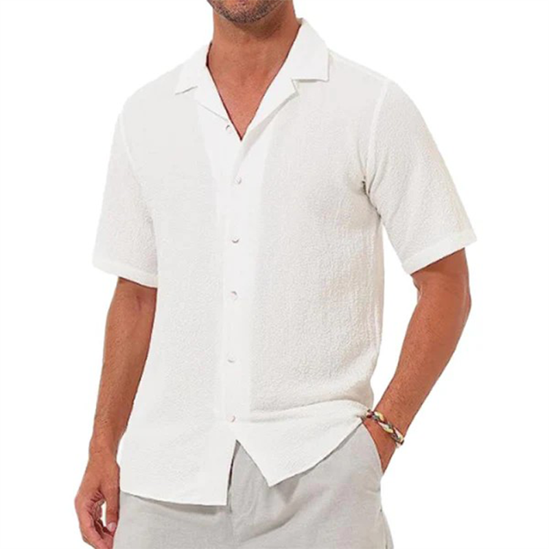 Men's lapel casual solid color short sleeve button linen shirt-Comfort & Reliable