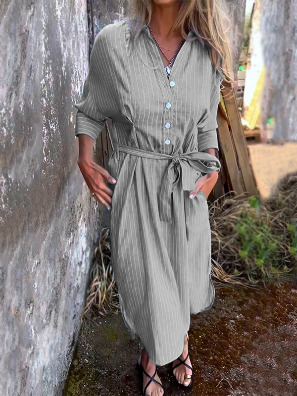 NEW🔥 Striped Lapel Button Down Belt Dress