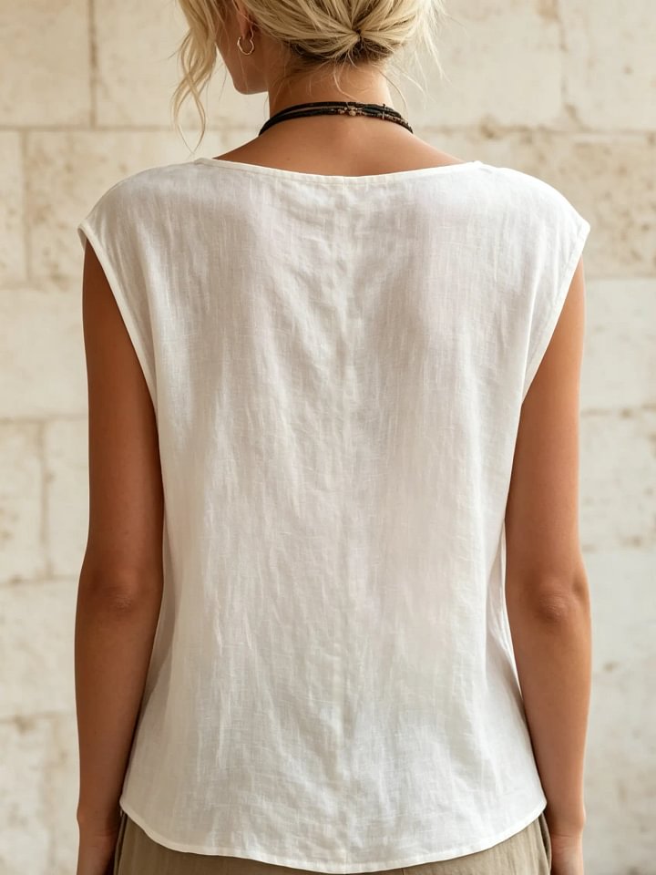 Women's Solid Linen Blend Button Detail Sleeveless Top
