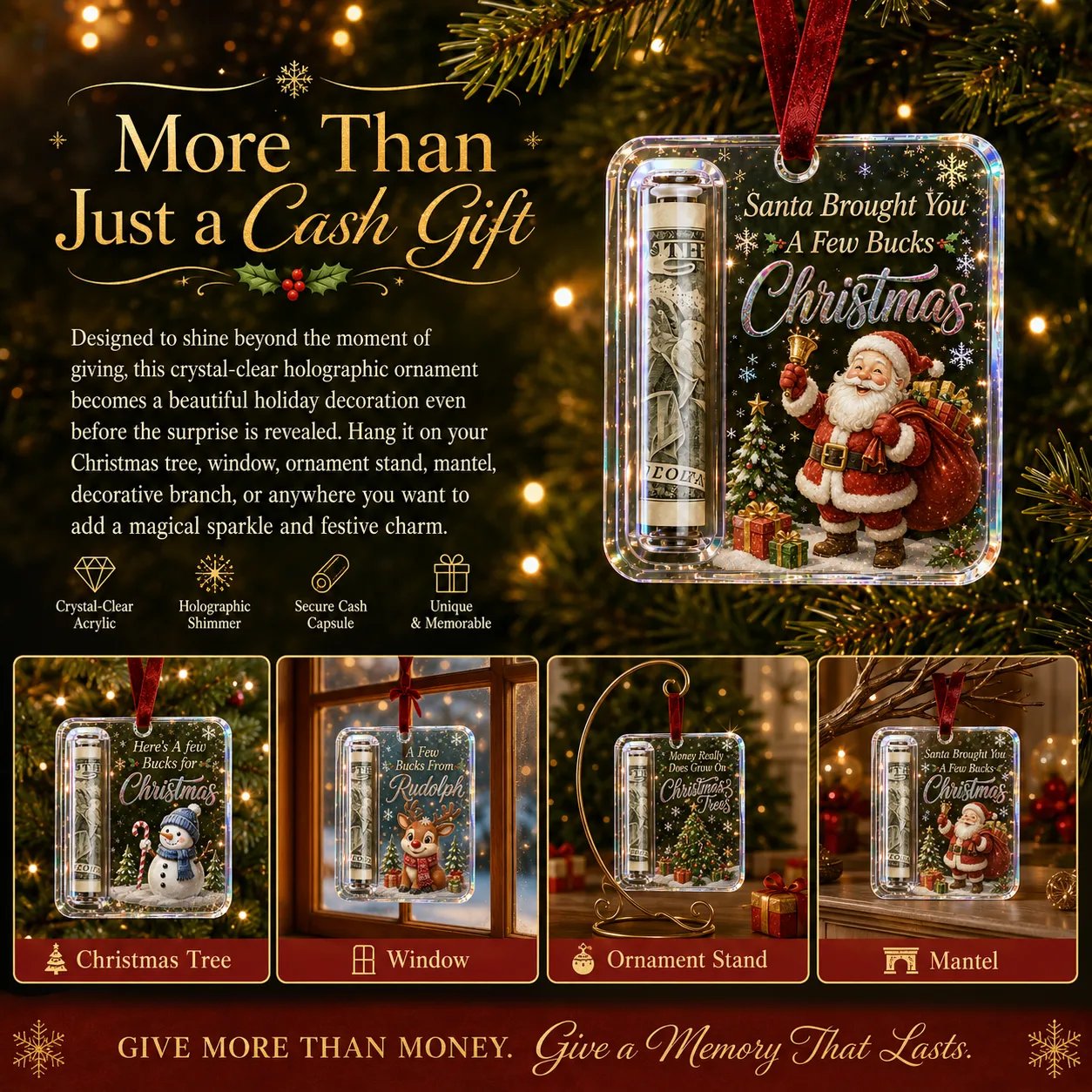 Christmas cash ornament displayed as holiday décor