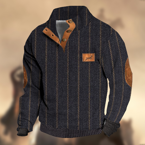 Men's Retro Country Casual Twill Wool Elk Logo Stand Collar Button Sweatshirt-Comfort & Reliable