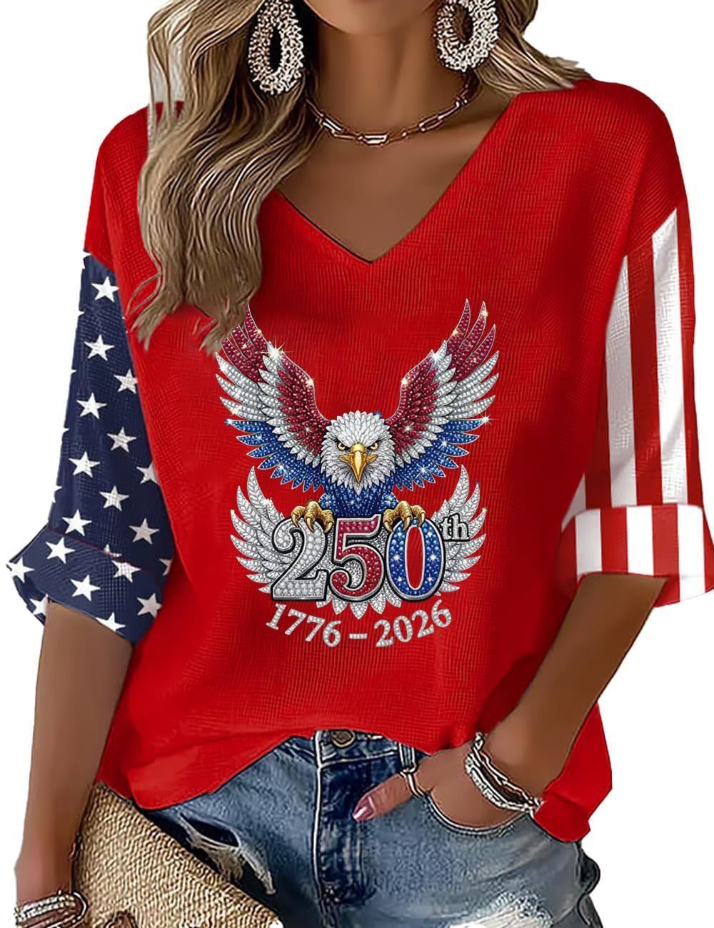 Women's American 250th Anniversary Three-Quarter Sleeve V-Neck Top