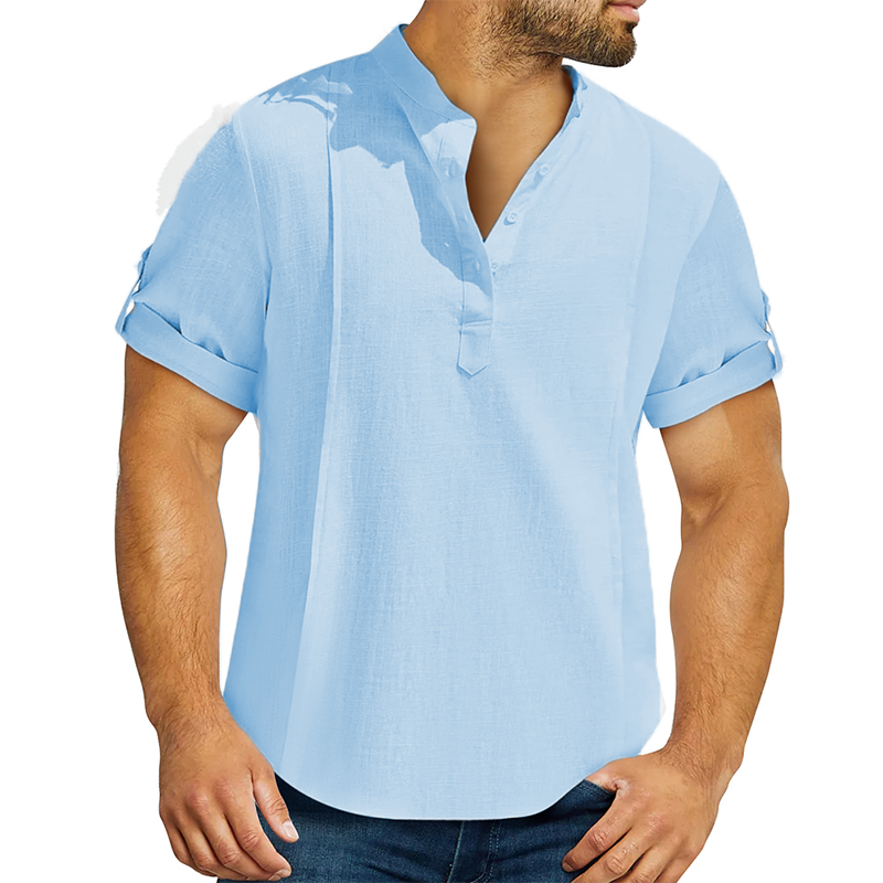 Men's linen cotton Henley shirt casual shirt short sleeve T shirt-Comfort & Reliable