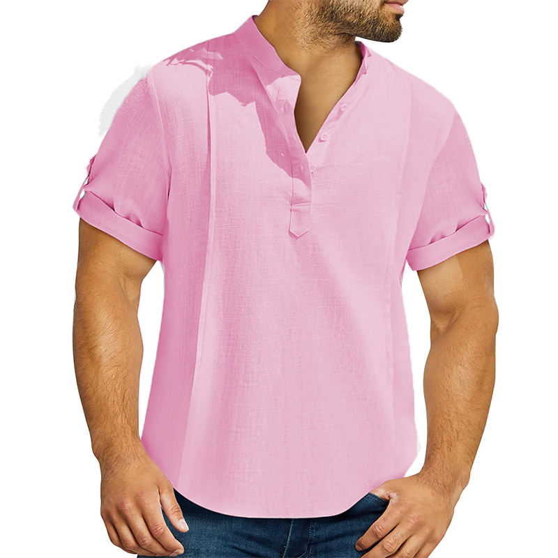 Men's linen cotton Henley shirt casual shirt short sleeve T shirt-Comfort & Reliable