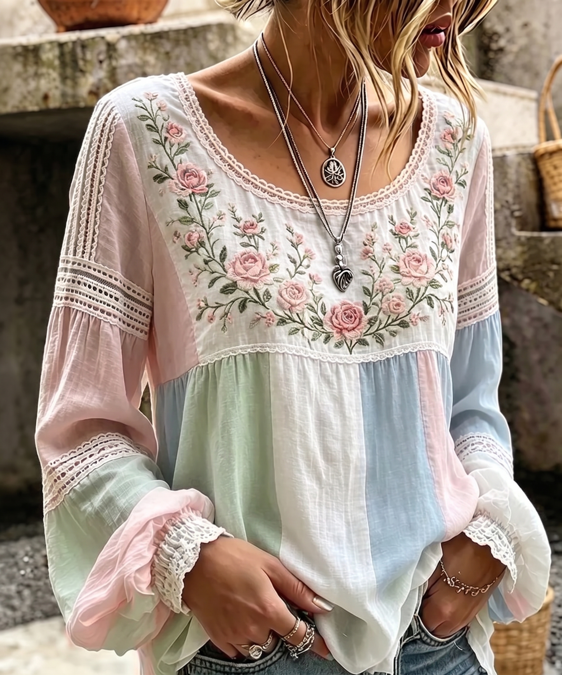 Women's Pastel Floral Lace Print Blouse