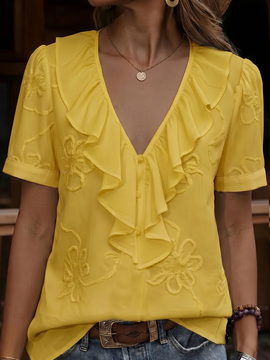 New Arrivals🔥 Vintage Ruffled V-neck Shirt with Embroidered Flowers