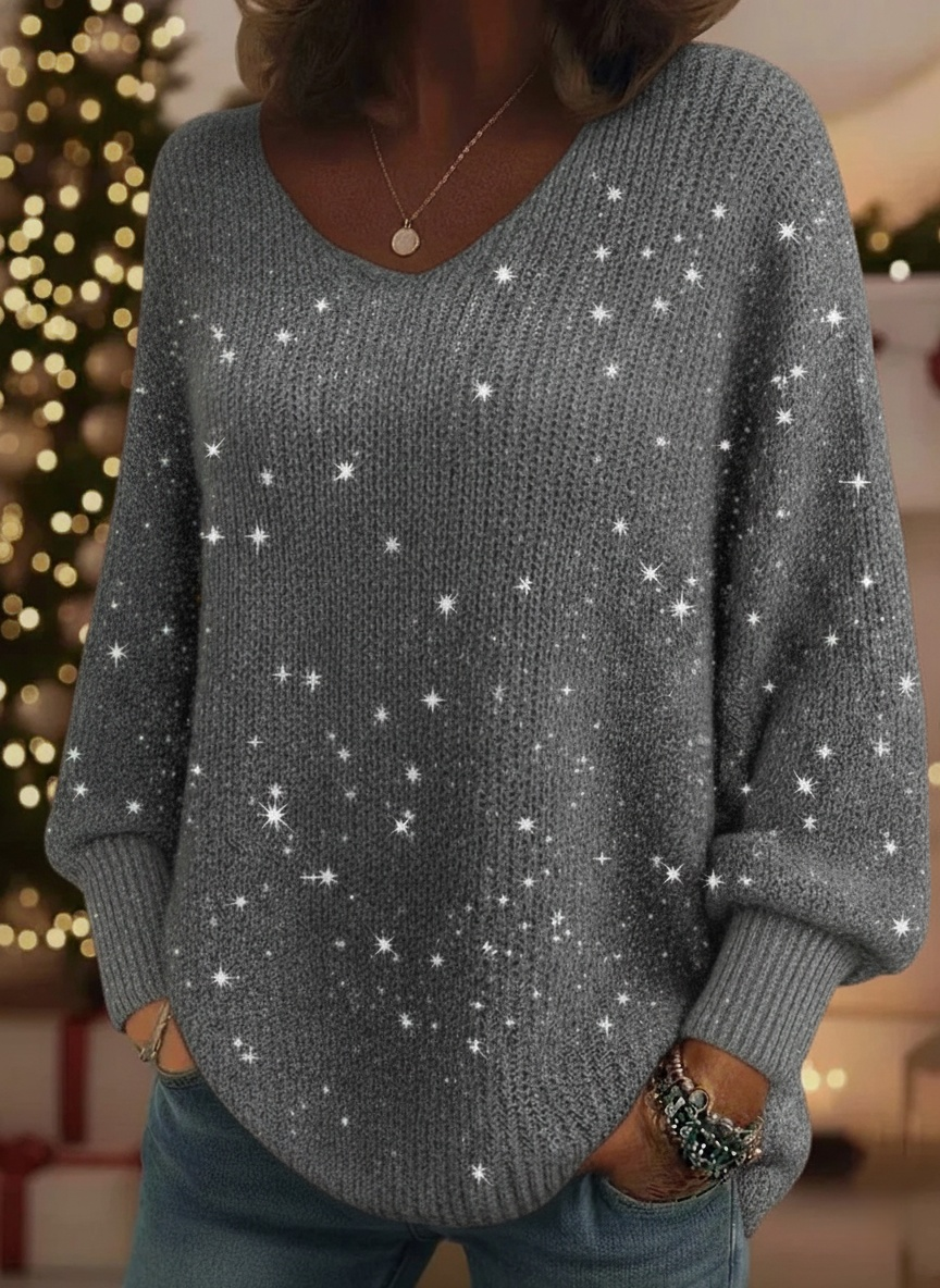 CLEARANCE SALE🔥 Christmas Sparkling Cozy V-neck Lantern Sleeve Knit Sweater