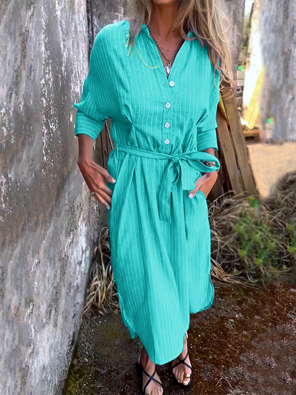 NEW🔥 Striped Lapel Button Down Belt Dress
