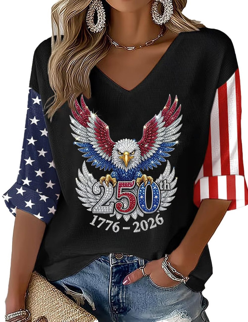 Women's American 250th Anniversary Three-Quarter Sleeve V-Neck Top