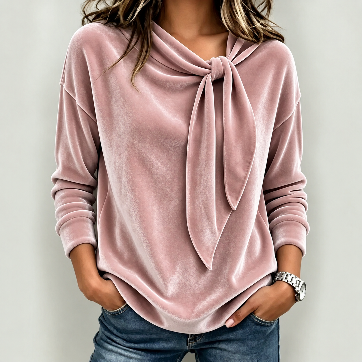 Women’s Elegant Tie-Neck Velvet Long Sleeve Blouse