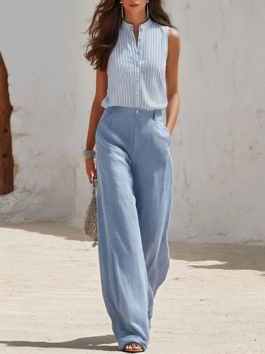 Women's Sleeveless Striped Shirt And Wide-leg Pants Cotton-linen Set