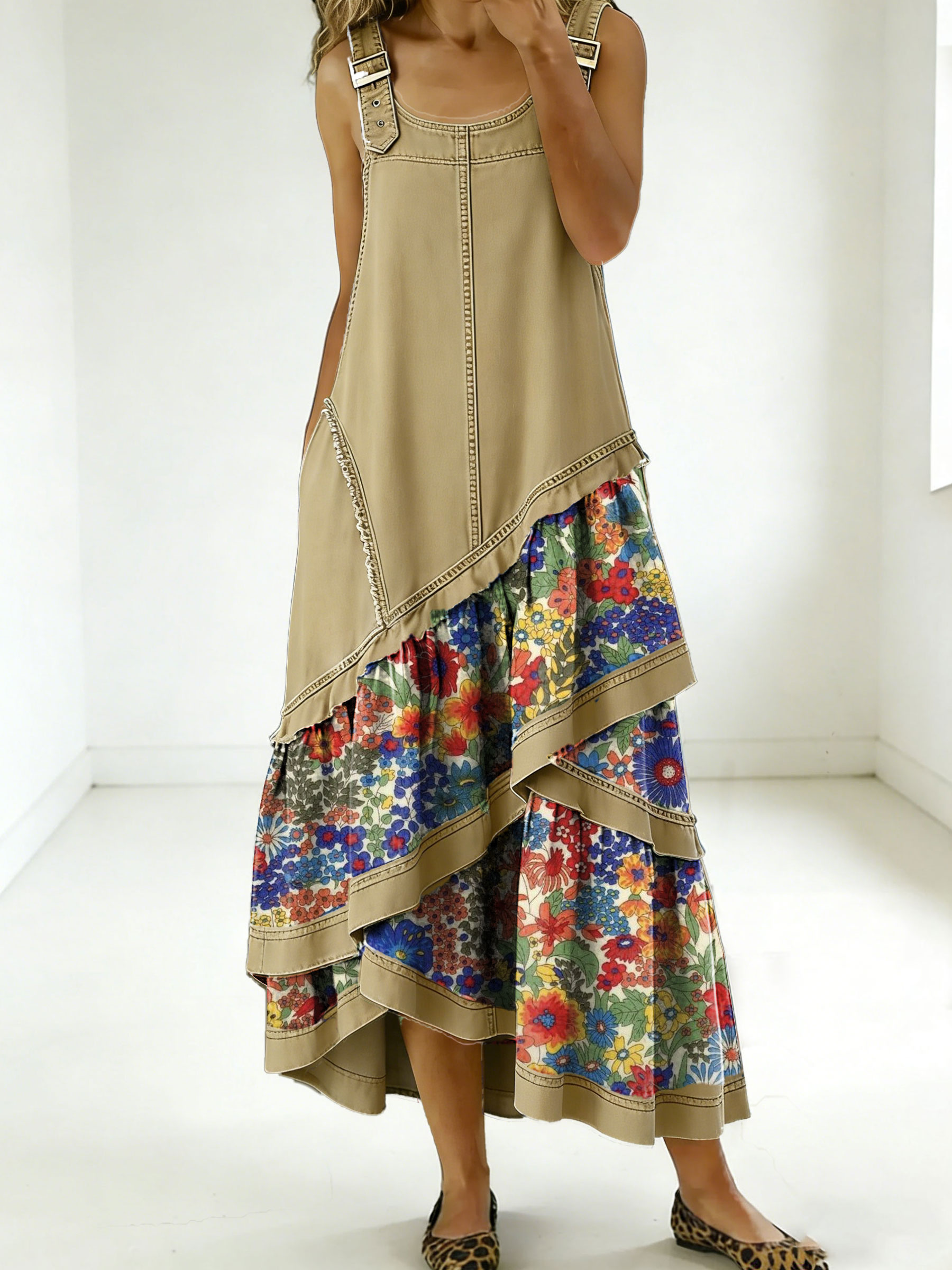 Women's Fashion Floral Denim Design Sleeveless Multi-layered Ruffled Strap Dress