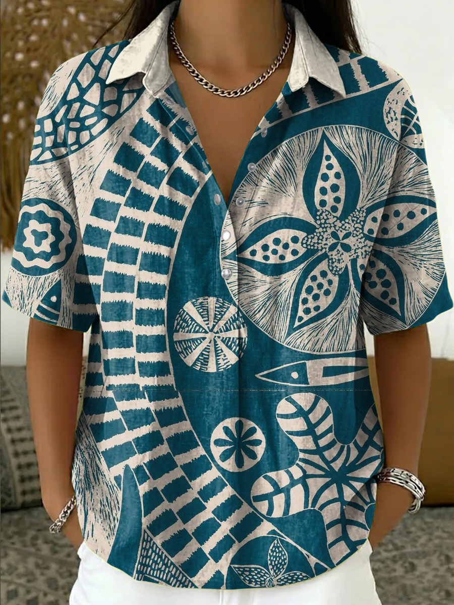 Retro Ethnic-style Short-sleeve Shirt With Geometric Line Print And Turn-down Collar
