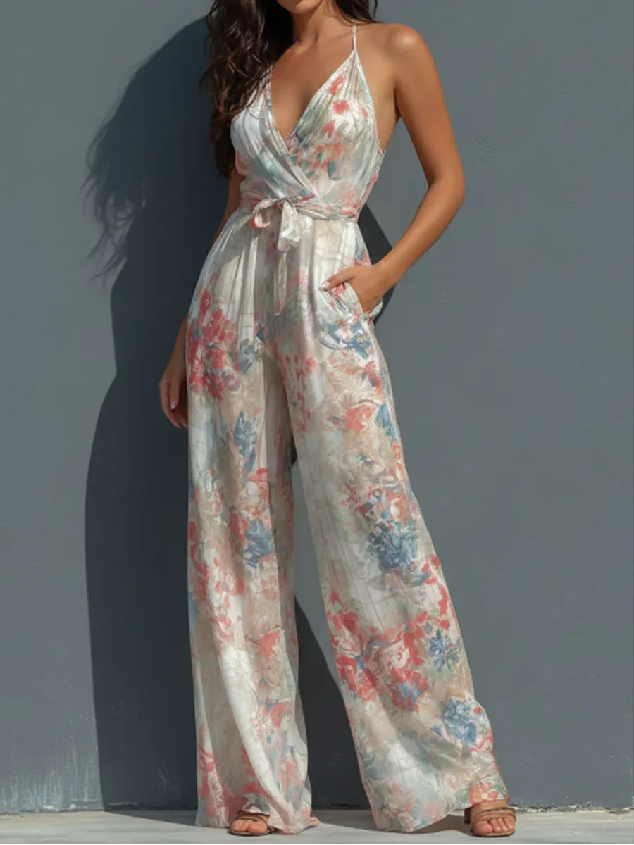 Women's Vintage Print V-neck Jumpsuit