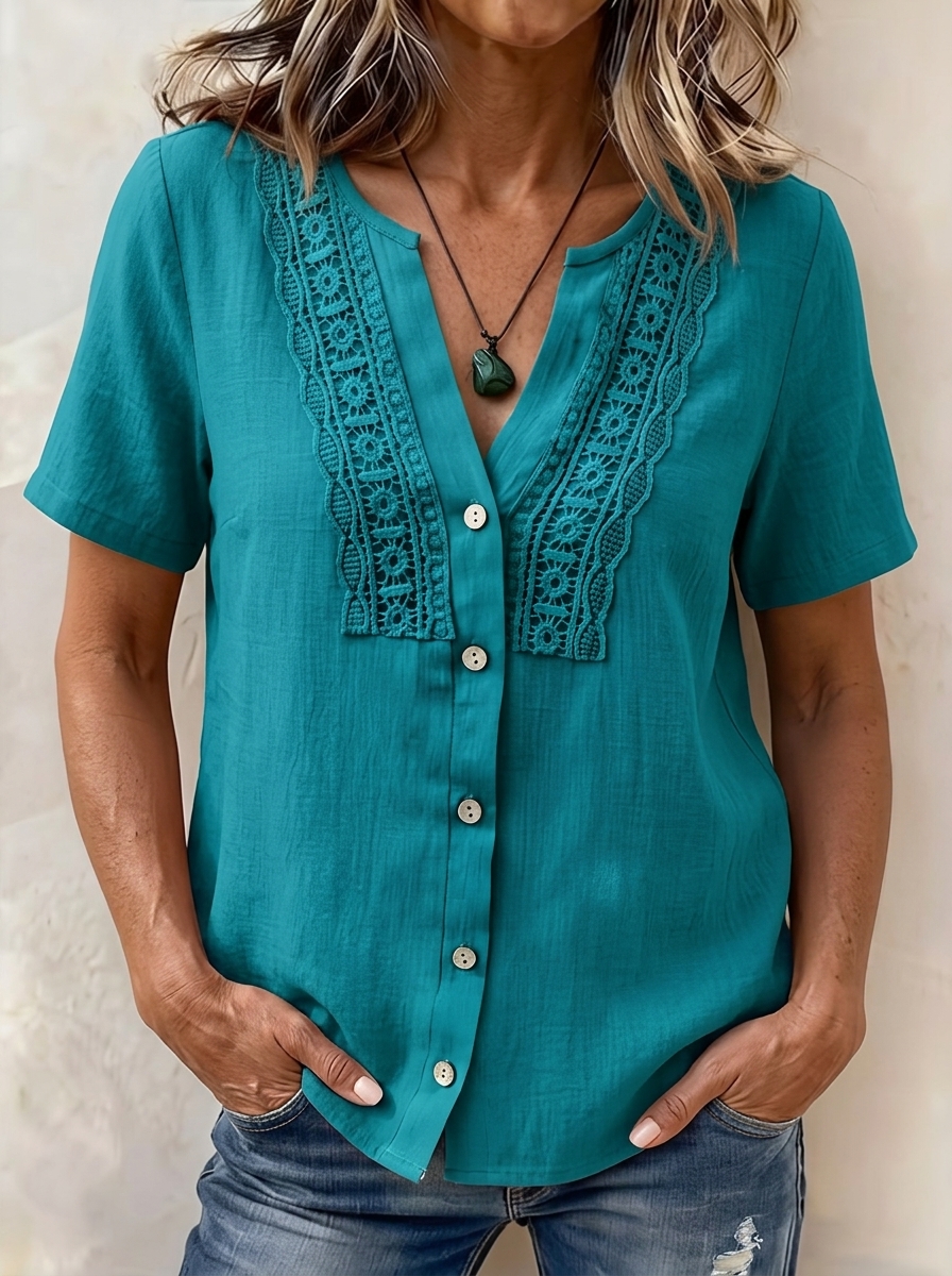Women's Forest-Style Casual Linen Short-Sleeve Vintage V-Neck Lace-Trimmed Button-Up Loose Blouse