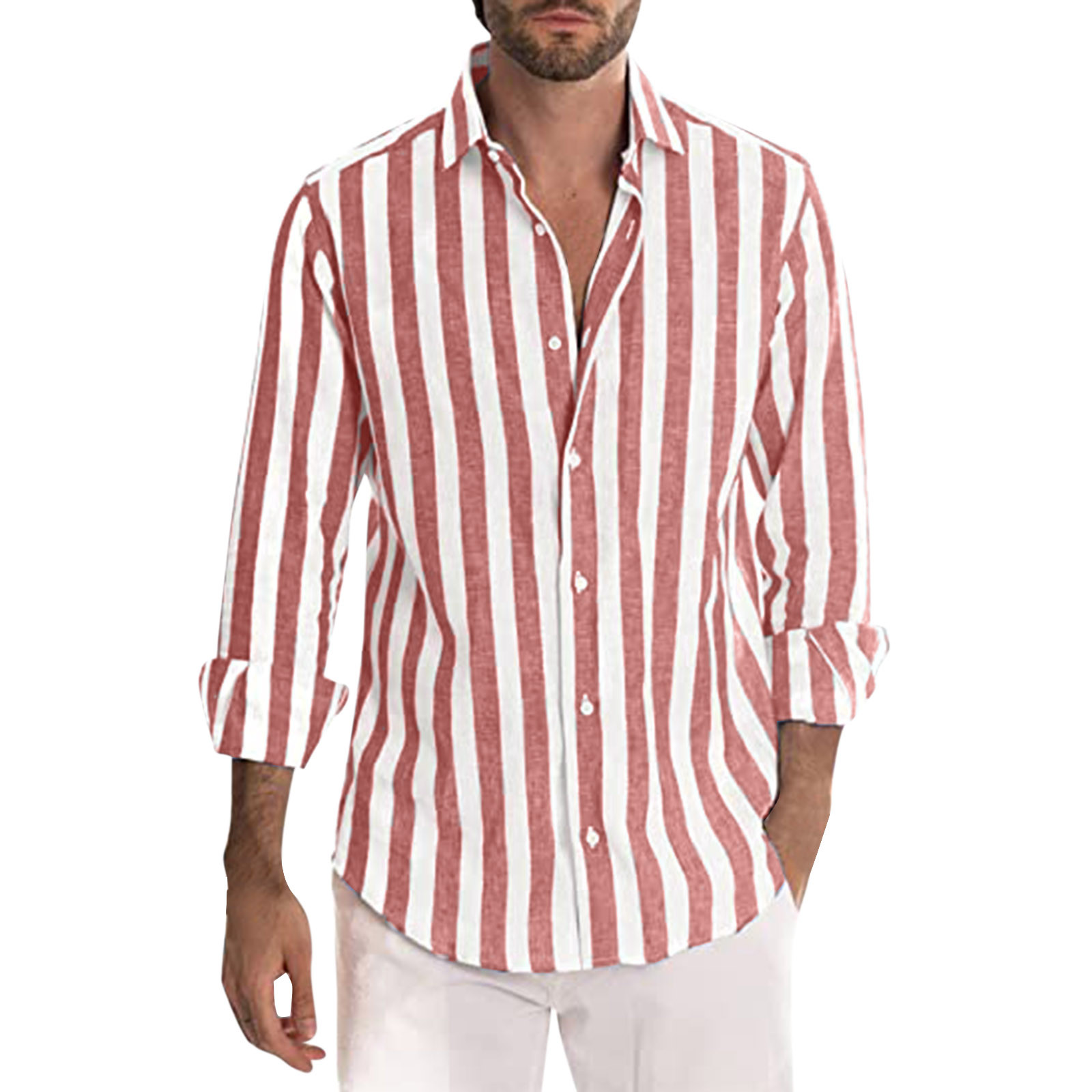 Men Fashion Casual Striped Print Cotton Linen Buckle Turn Down Collar Long Sleeve Shirt-Comfort & Reliable