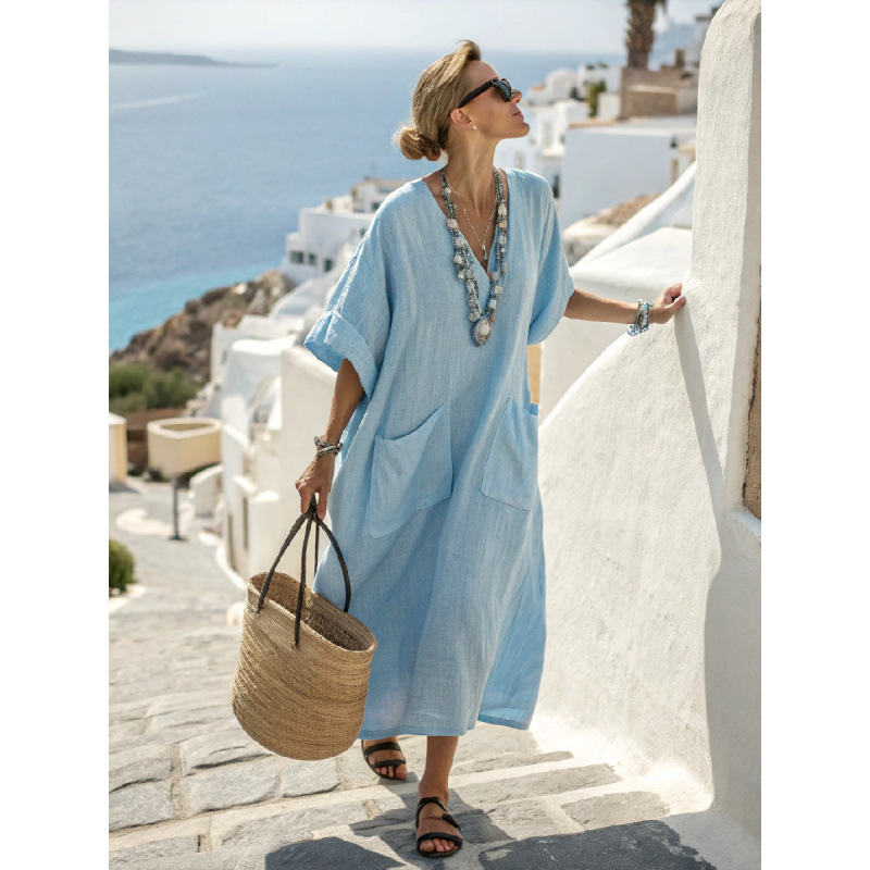 Women's V-Neck Linen-Blend Kaftan Dress
