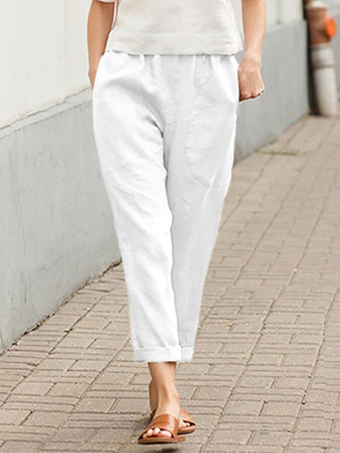 Women's Cotton Linen Solid Color Loose Pocket Harem Pants-Comfort & Reliable