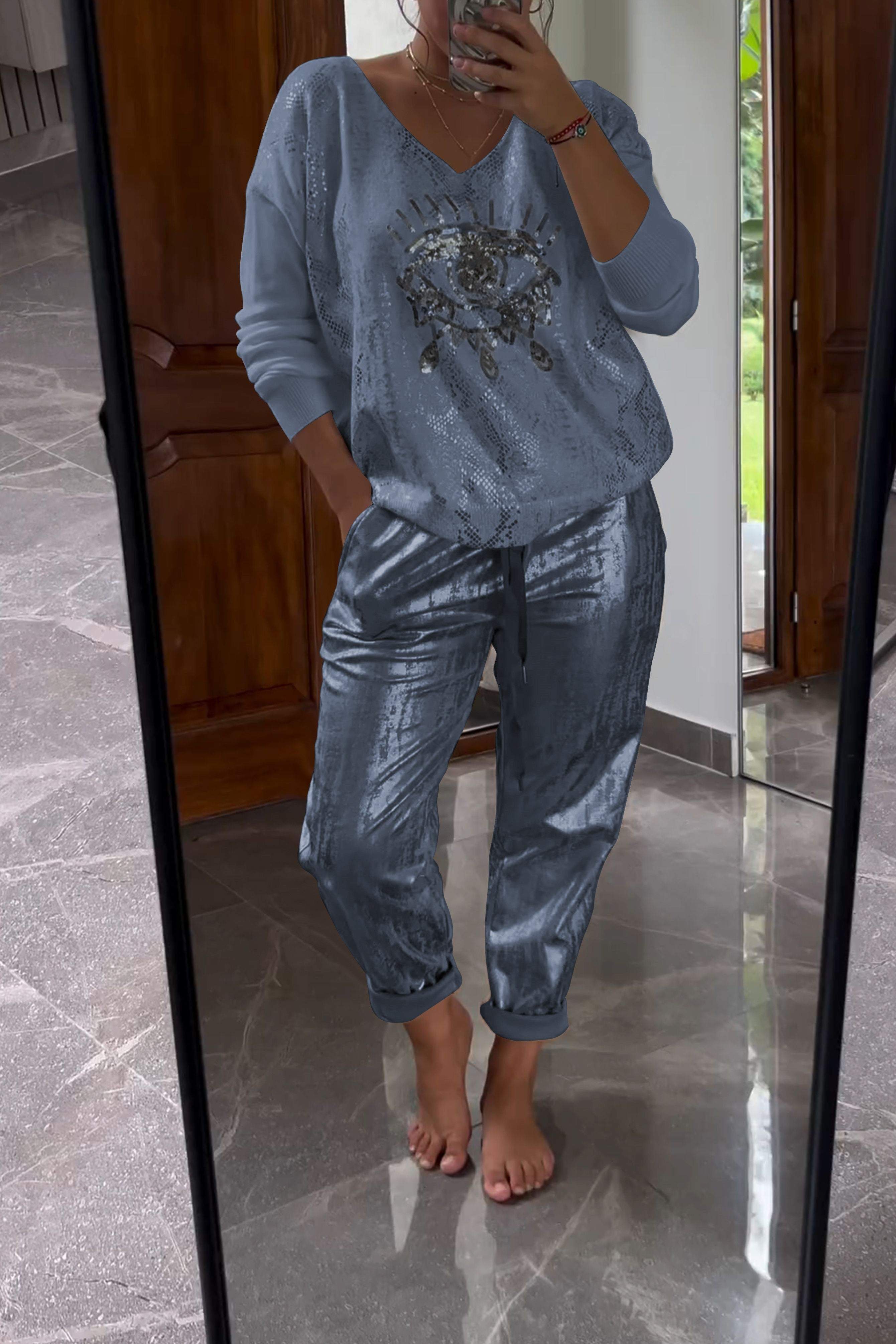 Fashionable Sequin Top And Bronzing Trousers Two-piece Set-Comfort & Reliable