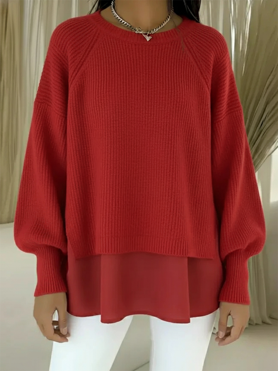 CLEARANCE SALE🔥 Women's Comfortable Patchwork Faux Two-piece Lantern Sleeve Sweater