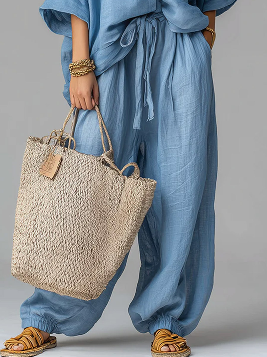 Women's Solid Color Art Stylish Casual Top And Pants Cotton Linen Two-Piece Set