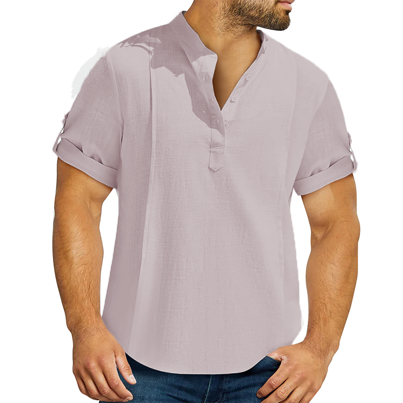 Men's linen cotton Henley shirt casual shirt short sleeve T shirt-Comfort & Reliable