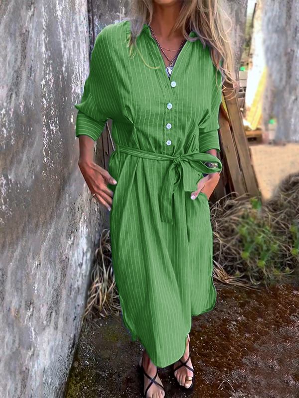 NEW🔥 Striped Lapel Button Down Belt Dress