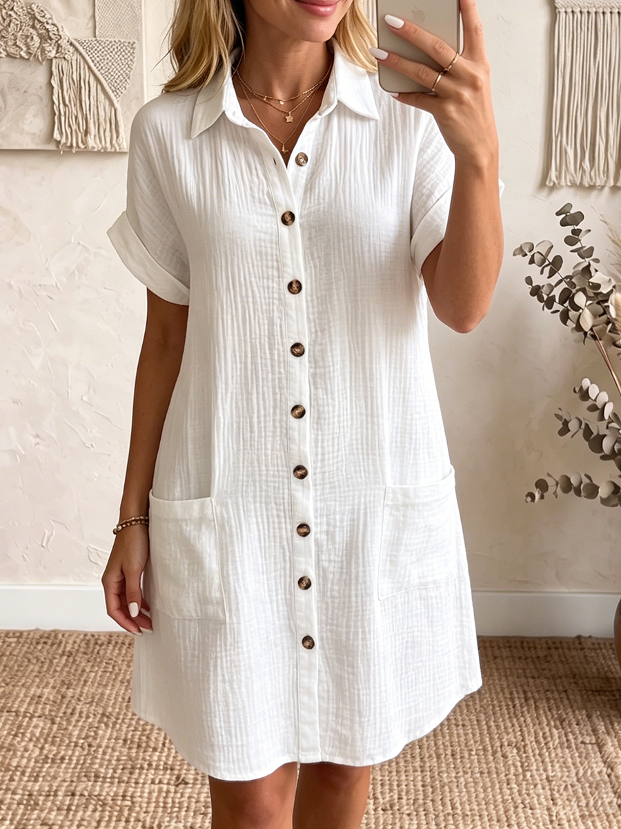 Cozy Lapel Button-front Cotton-linen Dress