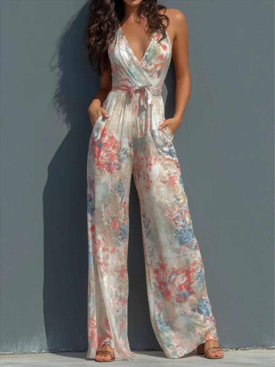 Women's Vintage Print V-neck Jumpsuit