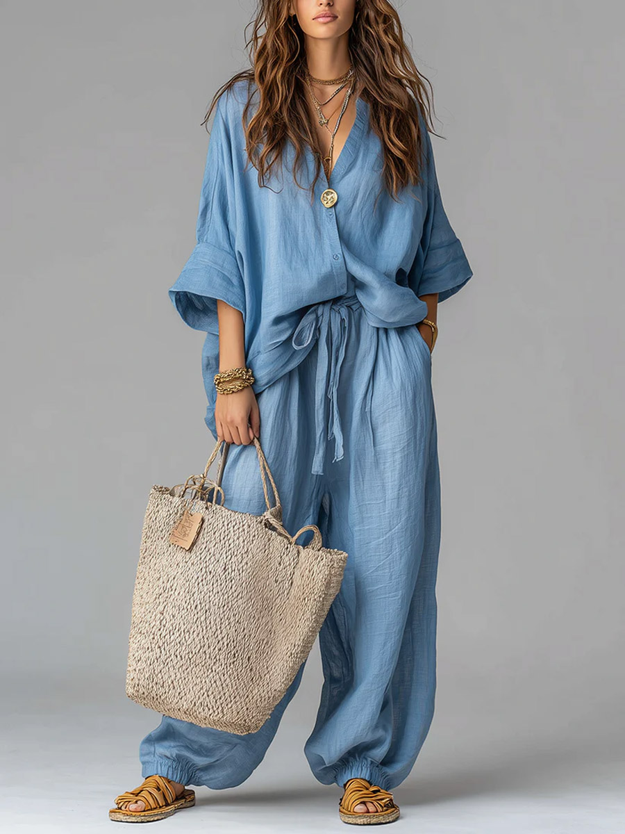 Women's Solid Color Art Stylish Casual Top And Pants Cotton Linen Two-Piece Set