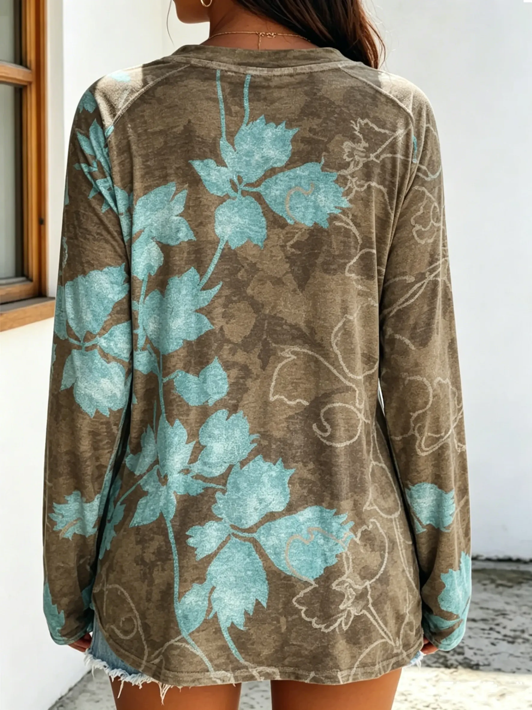 Women's Casual Vintage Floral Art Print V Neck Long Sleeve Tops
