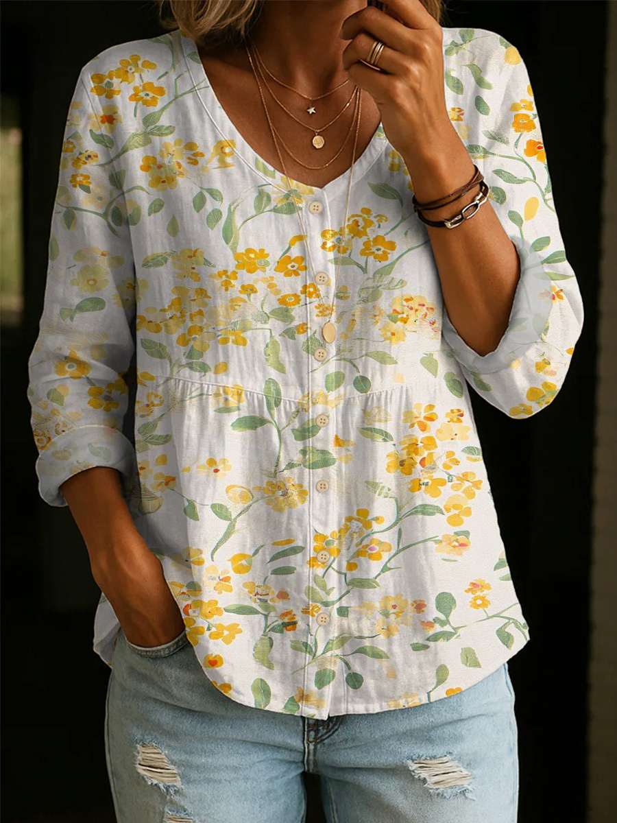 Artistic Floral Cotton Shirt — Women's Elegant, Casual, Versatile, And Soft Cotton Top