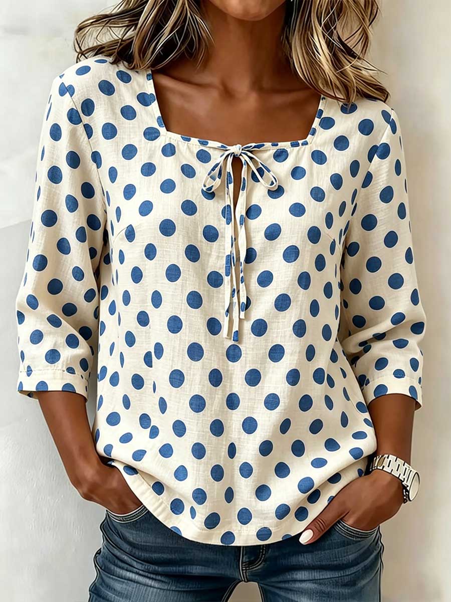 Women's Casual Loose Cotton-linen Top With Square Neck 3/4 Sleeves And Polka Dot Print