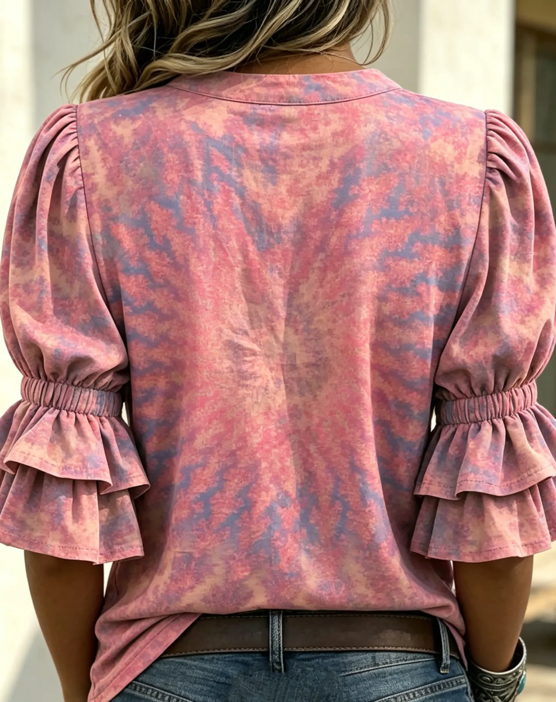 Women's Vintage Ethnic Pink Mandala Art Print V-neck Puff Sleeve Ruffle Shirt