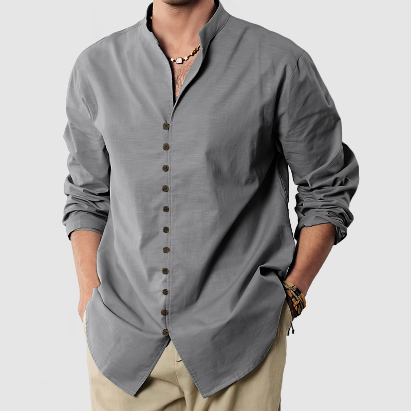 Gentleman's Standing Collar Button Down Cotton Linen Shirt-Comfort & Reliable