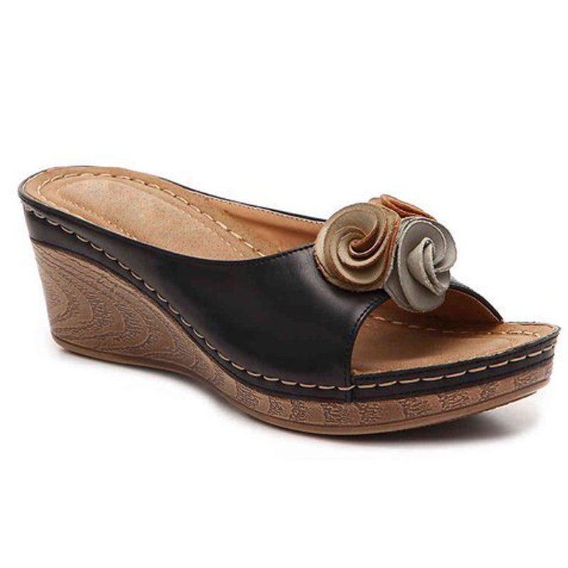 Womens Comfy Leather Solid Flower Strap Wedge Sandals-Comfort & Reliable
