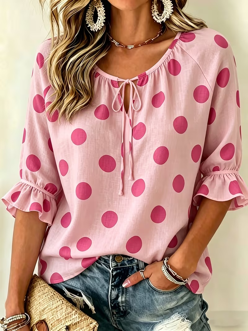 Women's Polka Dots Print Seven Quarter Sleeve Ruffle Lace Up Shirt