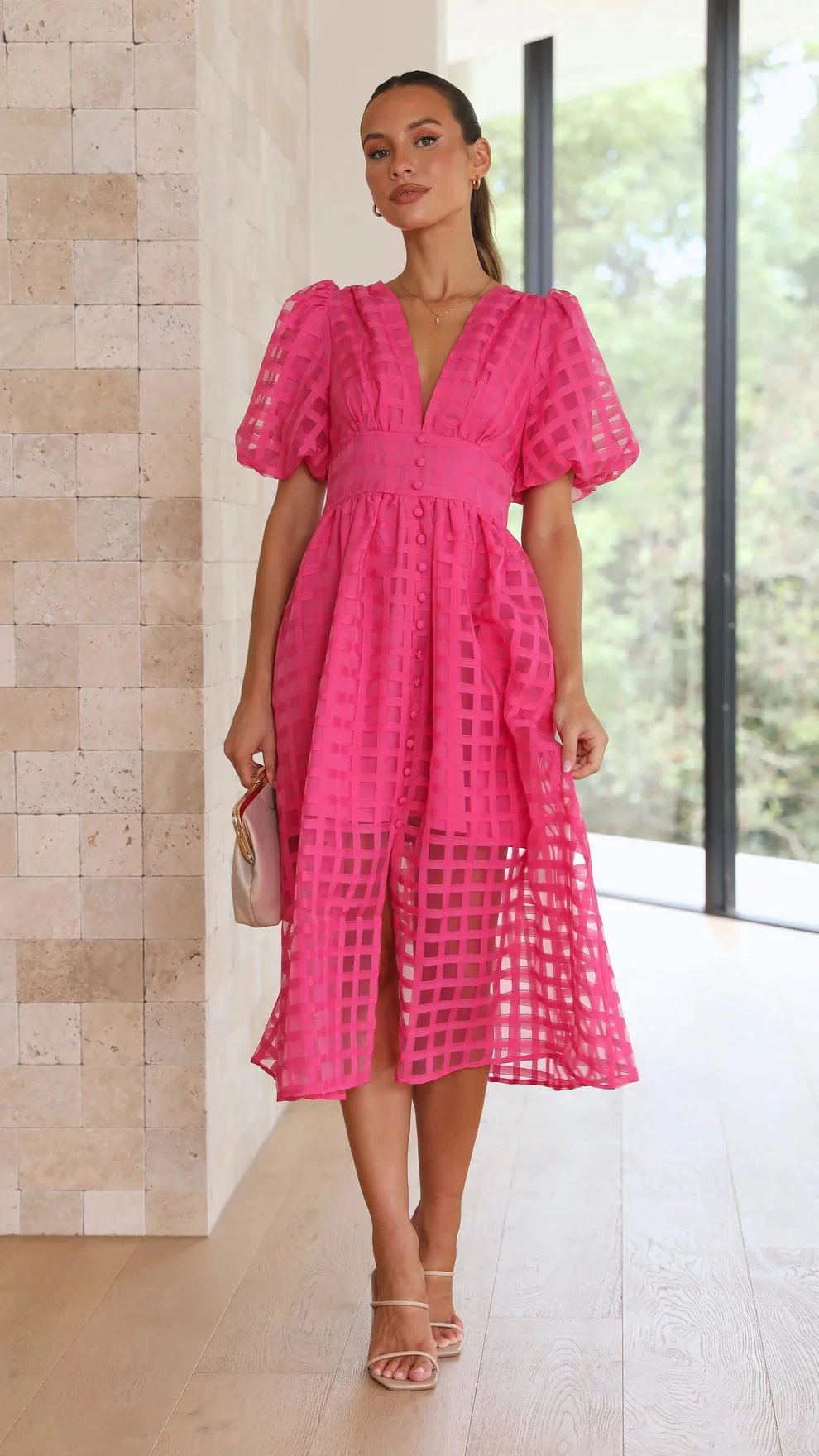 Beauty Square Patterned Fabric Puff Sleeve Midi Dress-Comfort & Reliable