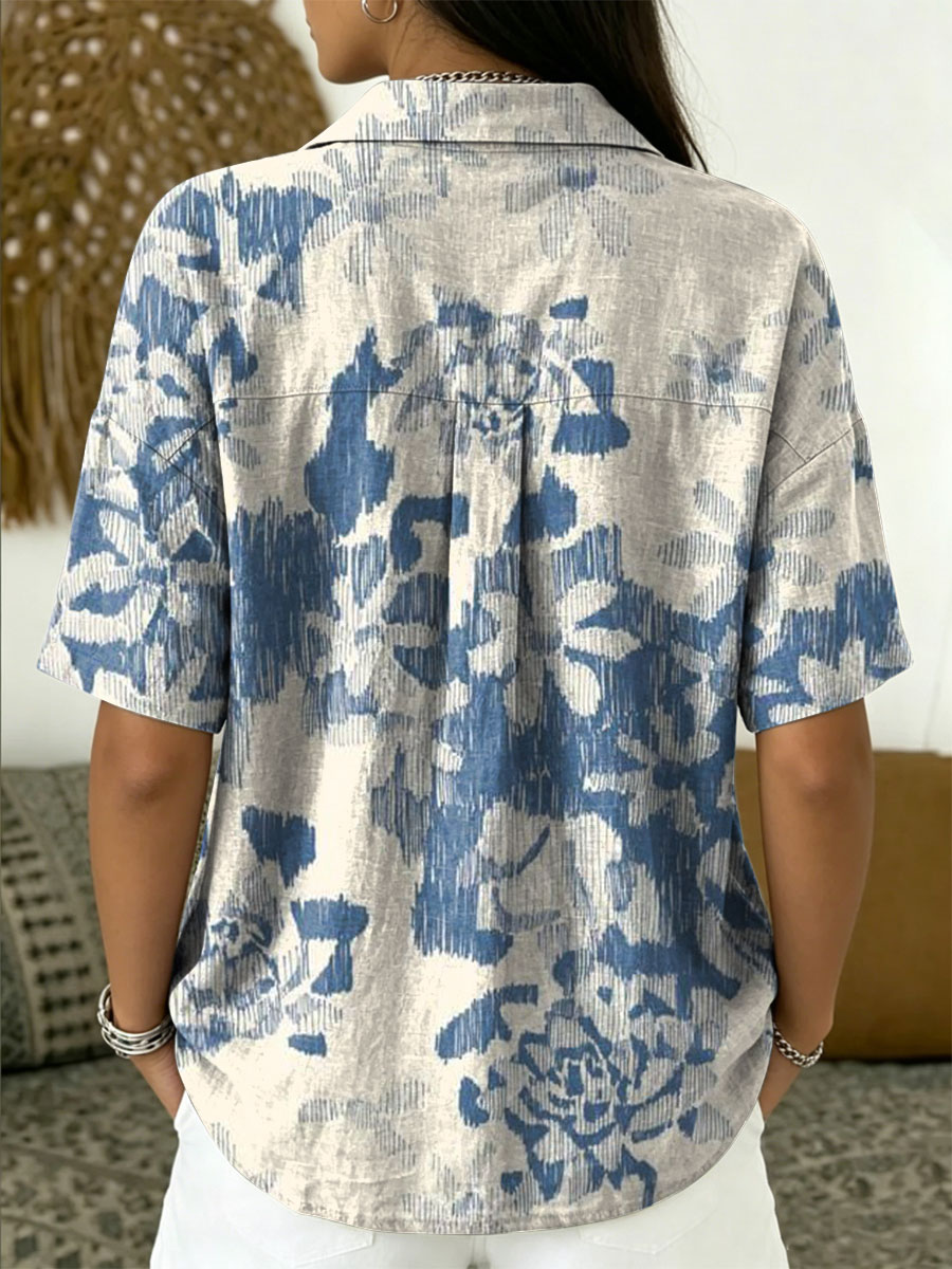 Women's Vintage Botanical Floral Casual Polo Collar Short-sleeved Linen And Cotton Shirt