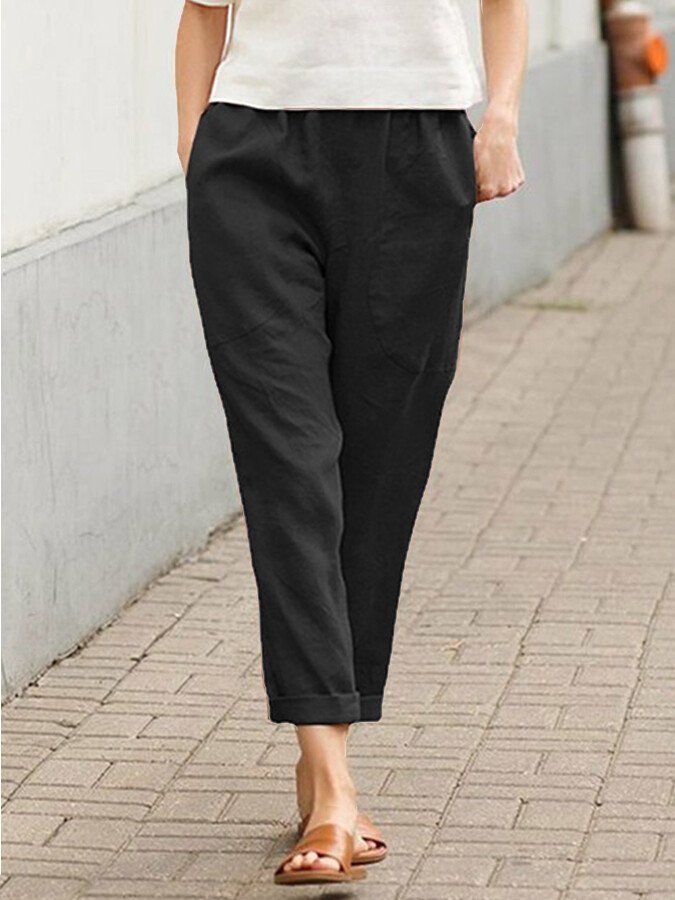 Women's Cotton Linen Solid Color Loose Pocket Harem Pants-Comfort & Reliable