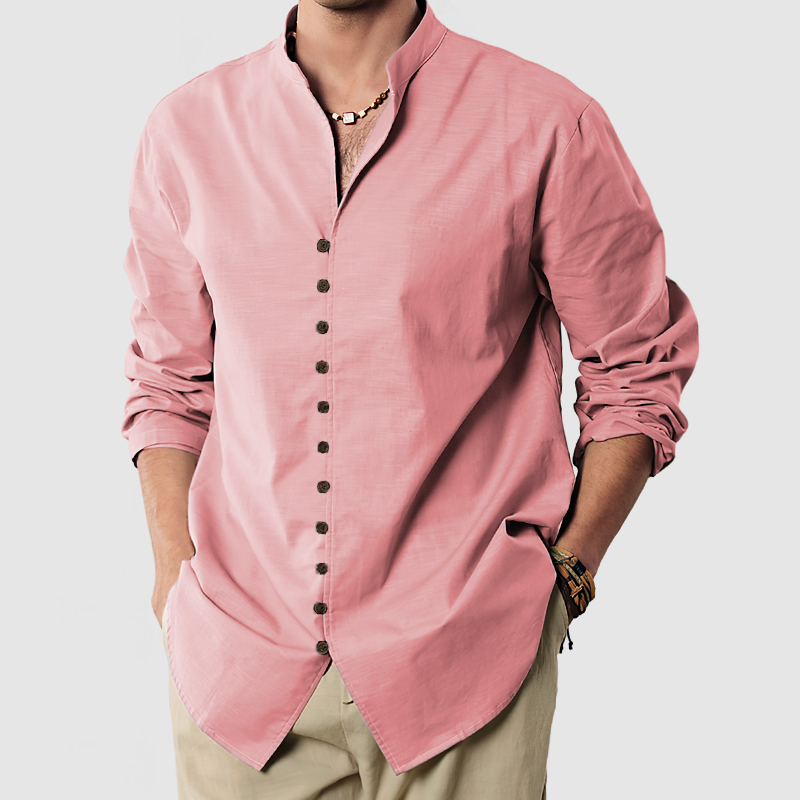 Gentleman's Standing Collar Button Down Cotton Linen Shirt-Comfort & Reliable