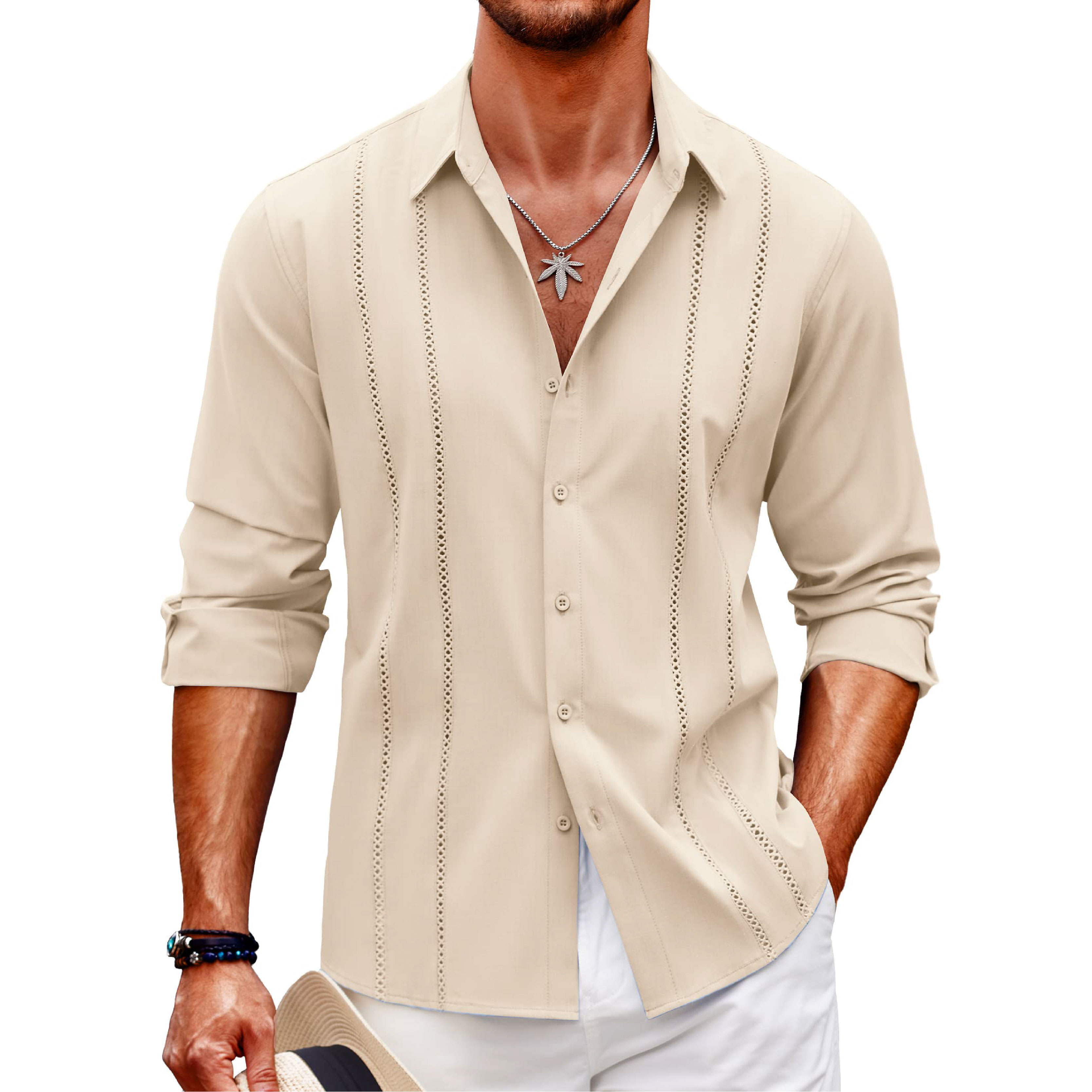 Men's Comfortable Breathable Cuban Casual Button Up Long Sleeve Beach Linen Shirt-Comfort & Reliable