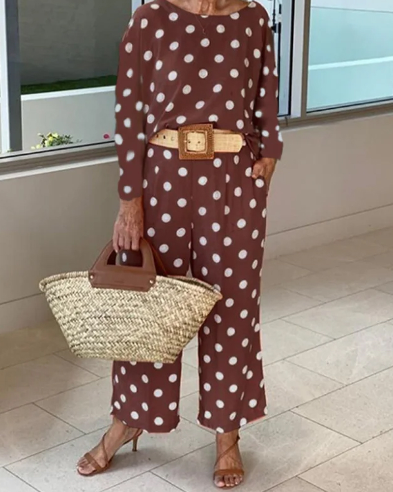 Polka dot long sleeve top wide leg pants set-Comfort & Reliable