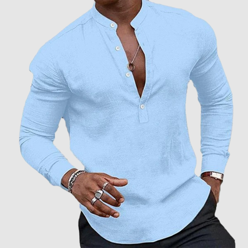 Men's casual plus-size top cotton linen loose stand-collar long sleeve shirt-Comfort & Reliable