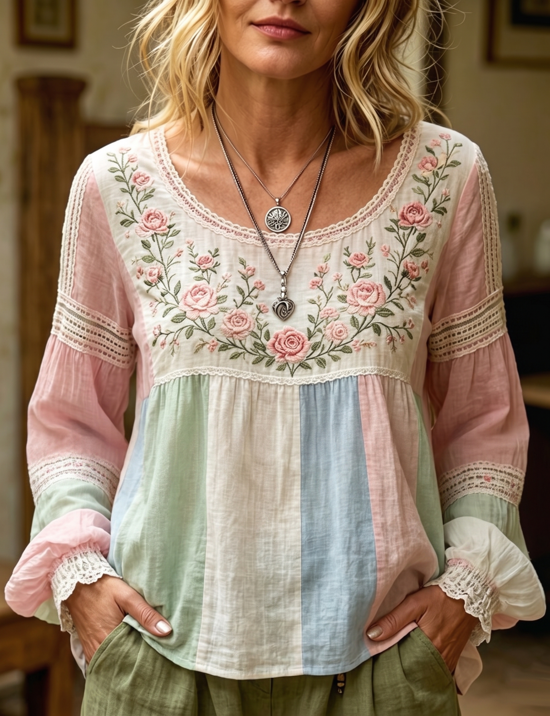 Women's Pastel Floral Lace Print Blouse