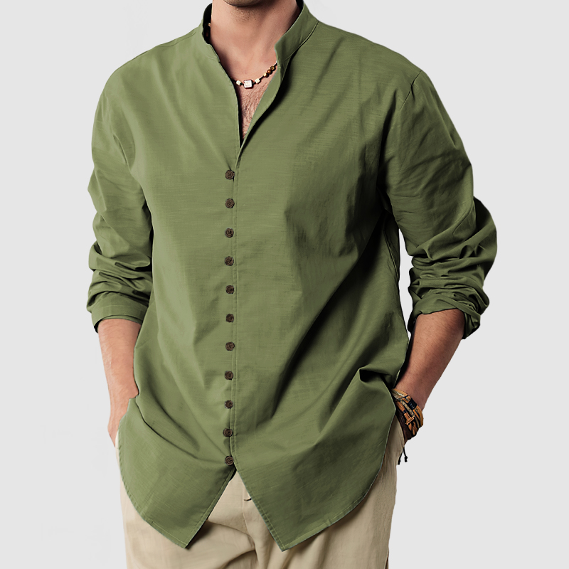 Gentleman's Standing Collar Button Down Cotton Linen Shirt-Comfort & Reliable